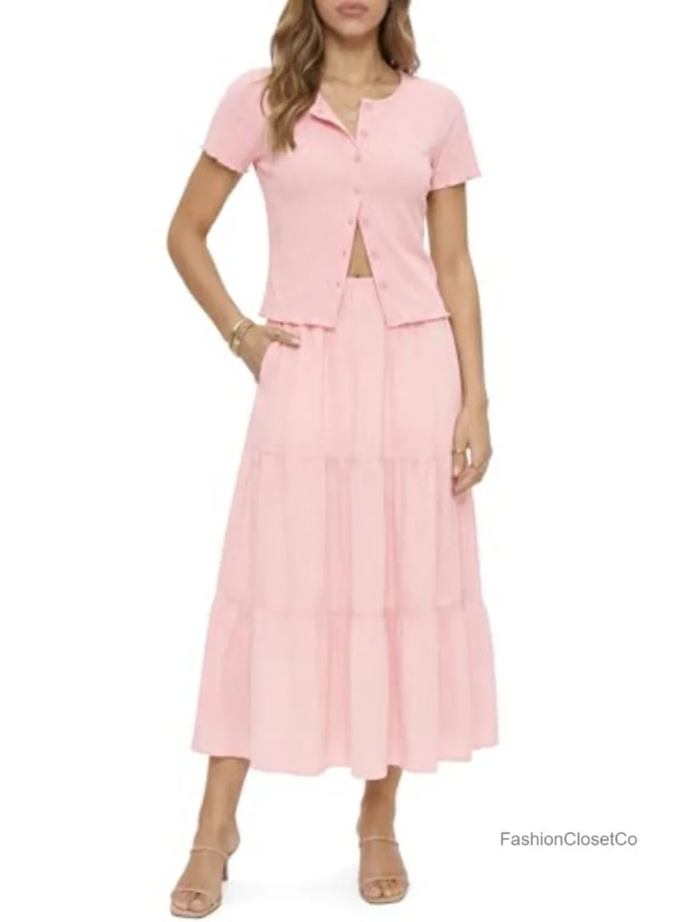 Two Piece Skirt Set: Short Sleeve Ribbed Cardigan & Maxi Tiered Ruffle Skirt
